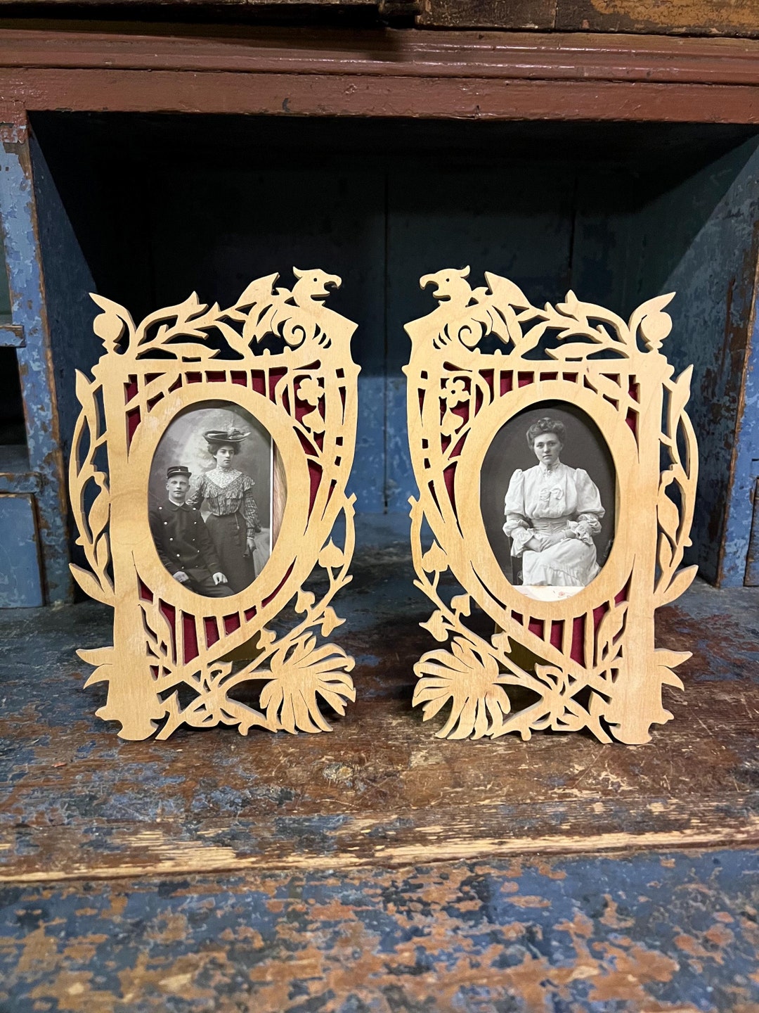 VTG Dragon Style Wooden Frame With Original 18/1900s Photo, Pair