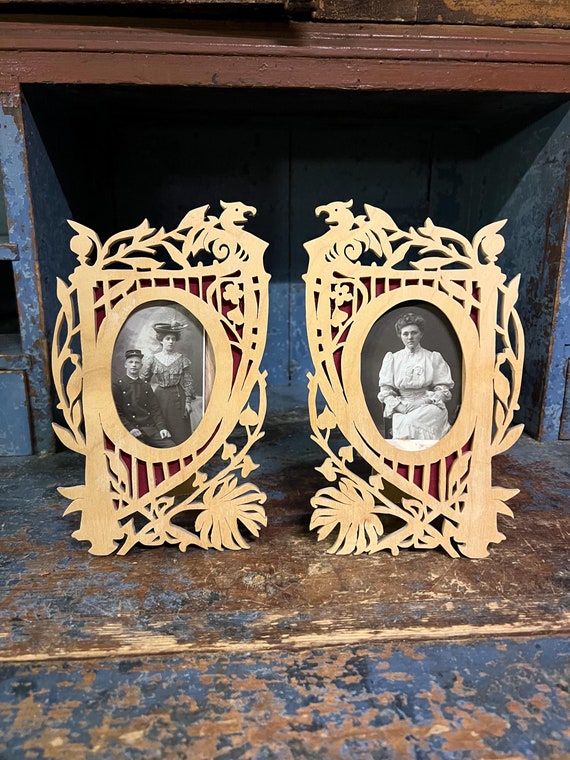 VTG Dragon Style Wooden Frame With Original 18/1900s Photo, Pair
