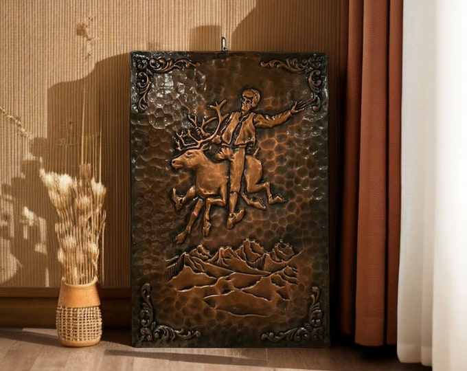 1960/70s Vintage Norwegian handcrafted Wall Decor "Rider Per Gynt/Per in speed" in copper and wood. Norway/Scandinavian folkart