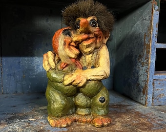 H.25cm Vintage NYFORM Norwegian "Happy Troll Couple" handmade, RUSTIC Nordic / Scandinavian folkart, norsk heritage gift, RARE collectible