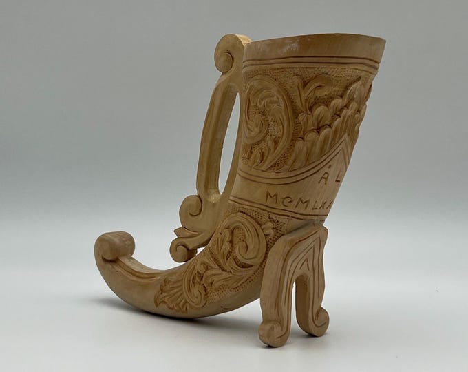 Dated 1989 UNIQUE handcrafted Viking horn, Norwegian/Scandinavian wood carving drinking horn, Rustic country / farmhouse / cabin interior