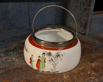 18/1900s Opaline glass candy / biscuit / cookie jar with handpainted Japanese / Asian motif, primitive antique hand painted Geisha