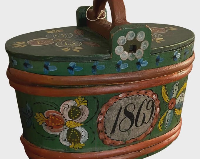 Dated 1869 Antique Rosemaling Tine Box from Telemark by Kjetil Østerholdt