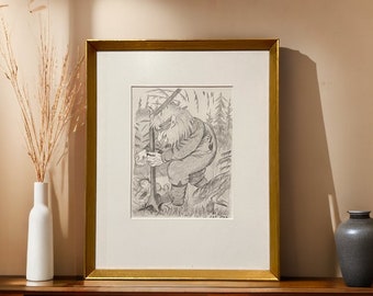 1987 Pencil Drawing "Blind TROLL", Professional Glass Frame, signed, after THEODOR KITTELSEN (1857-1914), Collectible, Free Shipping