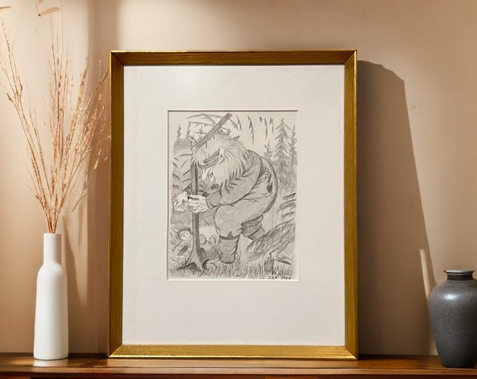 1987 Pencil Drawing "Blind TROLL", Professional Glass Frame, signed, after THEODOR KITTELSEN (1857-1914), Collectible, Free Shipping