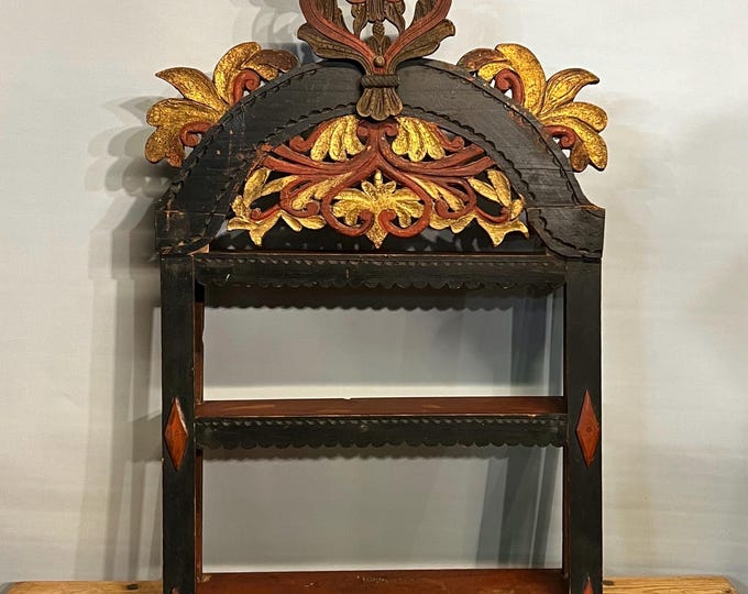 17/1800s Norwegian wall hanging Shelf with original hand carved crown, Scandinavian primitive Antique, Rustic, country style cabin/farmhouse