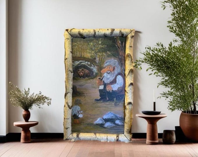 LARGE Norwegian Oil painting "The Trolls’ Hidden Forest" by Frits Olaussen (siljan 1936-2009), Scandinavian Cabin Farmhouse Art c.135x85cm