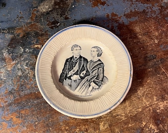 1860s Antique "Albert og Alexandra" wall hanging plate / kitchen decor, RUSTIC country style ceramic/stoneware/faience