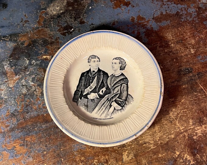 1860s Antique "Albert og Alexandra" wall hanging plate / kitchen decor, RUSTIC country style ceramic/stoneware/faience