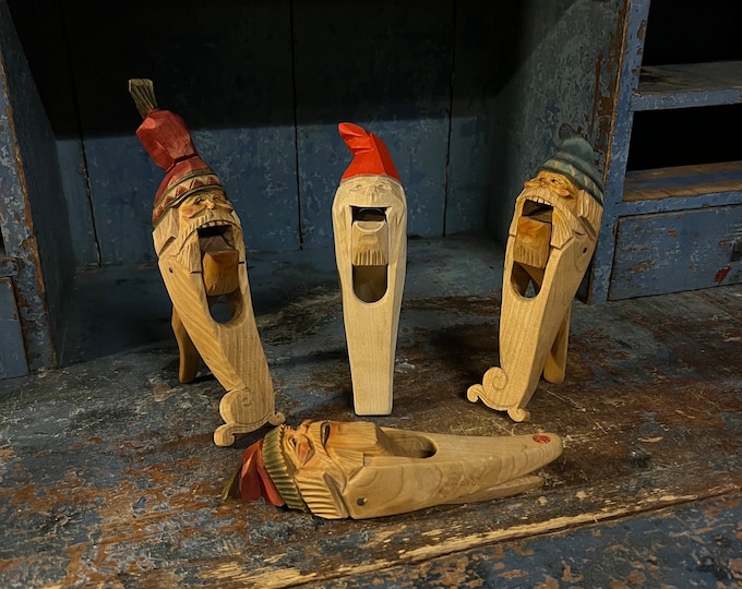 Set of 4 Geir Nymark (1956-) signed, Vintage Norwegian Christmas nutcracker with Nisse head, Norwegian Folk Art, hand carved and painted.