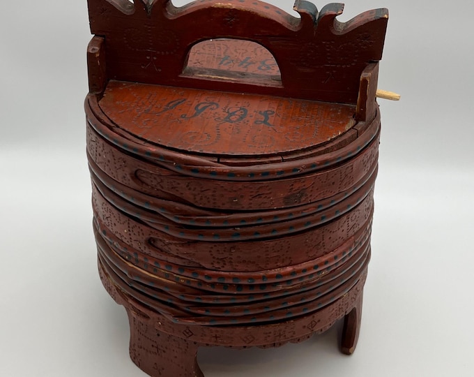 Primitive Dated 1800/1844 Museum piece - antique groat / porridge amber / Tine box / butter bucket from Norway, RUSTIC folk art, handcrafted