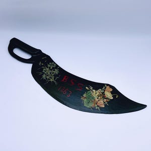 Dated 1863 Primitive antique wooden Flax knife, traditional Norwegian folk art, hand-crafted farmhouse tool with floral pattern
