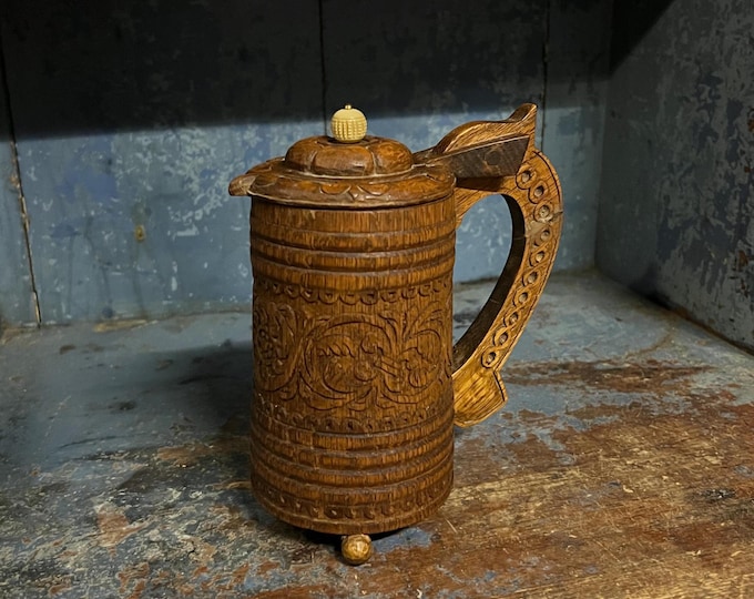 1800s Norwegian Antique jug/tankard, Baroque style with richly carved acanthus vine pattern, Scandinavian country / farmhouse folk art
