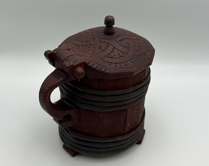 16/1700s' antique butter bucket / jug / tankard, Scandinavian folk art, handcarved lid, country / farmhouse style, collectible