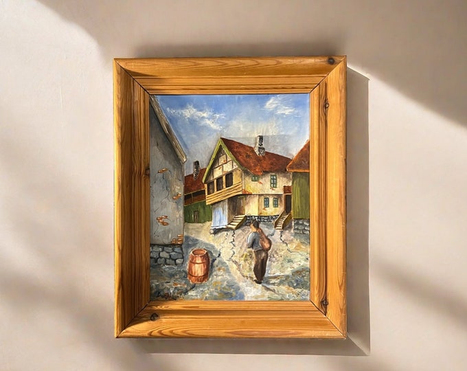 1951 Unique Relief wood carving painting / sculpture  "Dueslaget" by T. Leholt, artist signed, Vintage Norwegian/ Scandinavian art