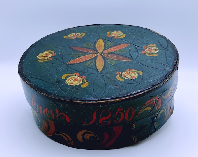 Dated 1850 Museum Quality antique Tine box with Rosemaling, handcrafted, Norwegian folk art, country / farmhouse style, RUSTIC, Primitive