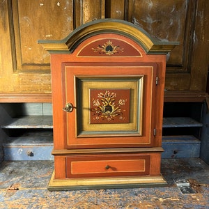 Vintage Norwegian Rosemaling hanging cabinet, Scandinavian Rustic wall hanging, country style cabin/farmhouse folk art, kitchen decor