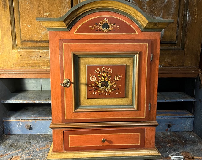 Vintage Norwegian Rosemaling hanging cabinet, Scandinavian Rustic wall hanging, country style cabin/farmhouse folk art, kitchen decor
