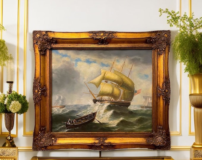 Vintage Oil Painting "US Sailing Ship in Storm", Oil on Canvas, LARGE rococo style wooden frame, Collectible, Free Shipping