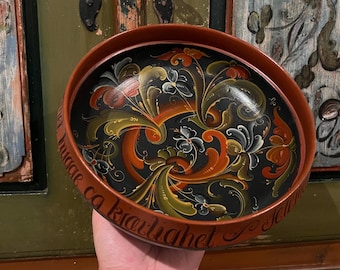 Dated 1984 Masterpiece-Professionally painted Telemark rosemaling wooden beer bowl, folk art from Norway, wedding/ housewarming, cottage