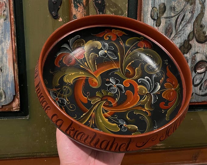 Dated 1984 Masterpiece-Professionally painted Telemark rosemaling wooden beer bowl, folk art from Norway, wedding/ housewarming, cottage