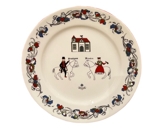 Wedding gift-Norwegian Nordic pattern plate, RARE SCENE, traditional Norwegian folk art, Groom - Bride-Church. Collectible