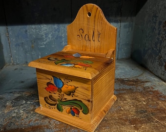 Vintage "SALT" box Norwegian Wall Hanging Wooden Box Unique rosemaling pattern, traditional folk art, kitchen decor storage from Norway