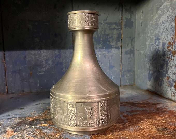 Dated 1967 Vintage Norwegian tin Pewter vase "Bunad Prillar Guri, Stave church and Viking Dragon" motif , table decor, mid-century modern
