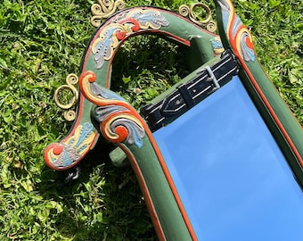 Unique 1700s Antique Horse Hames Mirror, Primitive Norwegian hand carved folk art, patina