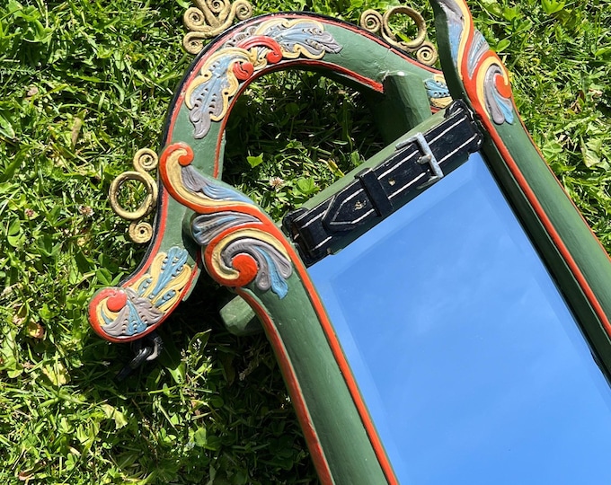 Unique 1700s Antique Horse Hames Mirror, Primitive Norwegian hand carved folk art, patina