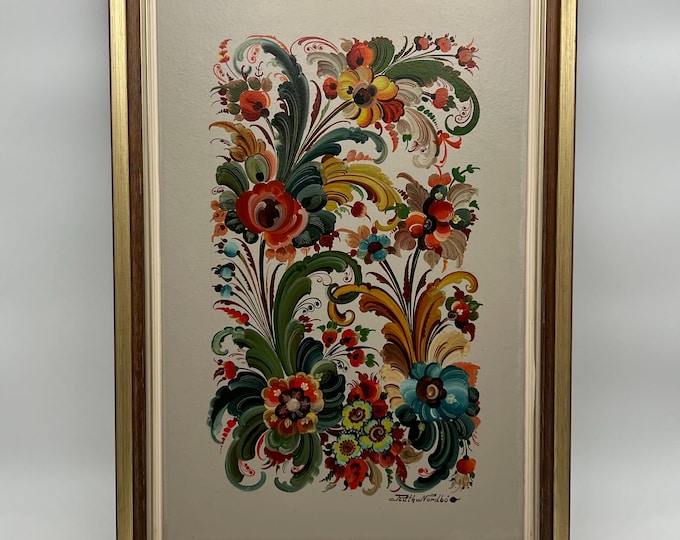 ca. 1980s Large Ruth Nordbø (1924-2019) Norwegian rosemaling wall hanging with wooden frame, folkart/folk art from Norway, farmhouse style