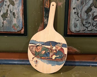 Vintage "Old Troll Couple Fishing" wall plate/ wall decor / slicing board, folkart folk art from Norway, Artist signed, Collectible