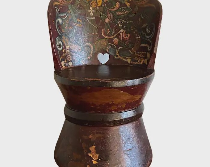 c. 1911 Antique Norwegian Kubbestol / Log Chair, Hand-painted "Saint George and the Dragon"