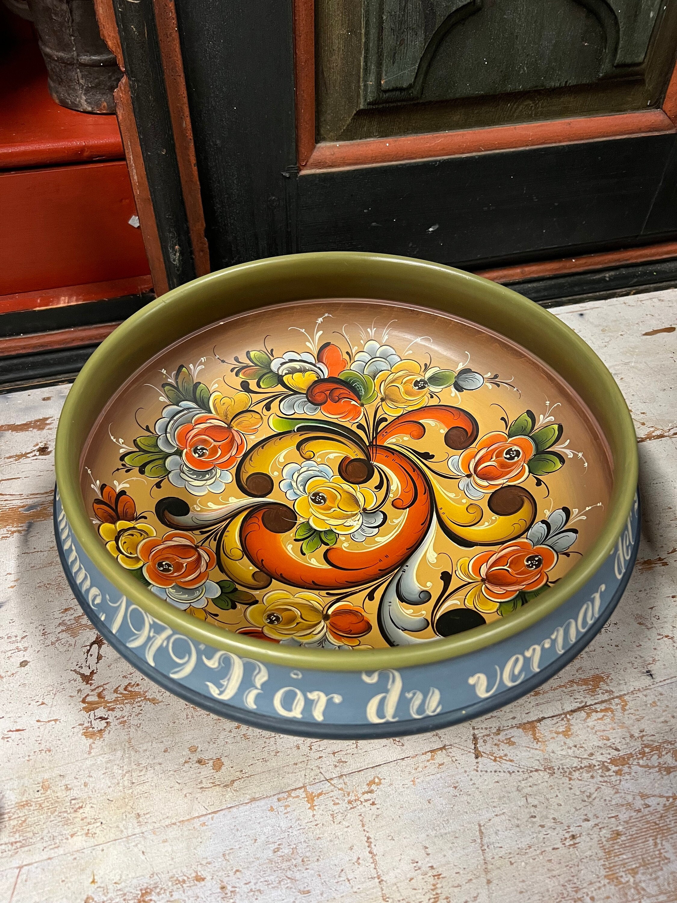 1970s' Dia. 31cm Telemark rosemaling large beer bowl by Sigrid Midjaas folkart folk art from Norway, Collectible, free shipping