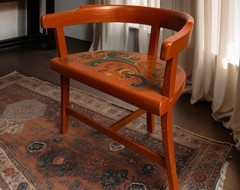 Dated 1967 UNIQUE Rosemaling Armchair, Professionally hand crafted & painted, from Telemark, Norway, Signed folk art, cabin farmhouse style