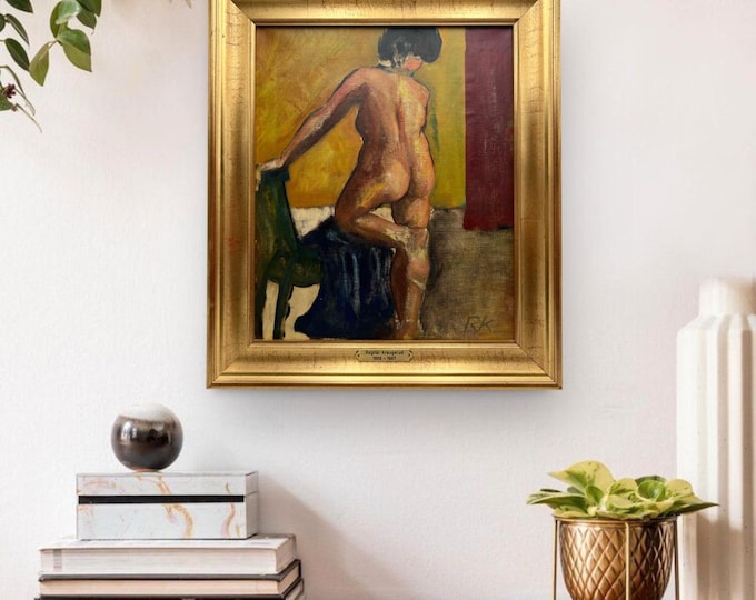 c.1930s "Nude with Green Chair" Oil on canvas painting by Ragnar Kraugerud (1909-1987), Norwegian / Scandinavian Art
