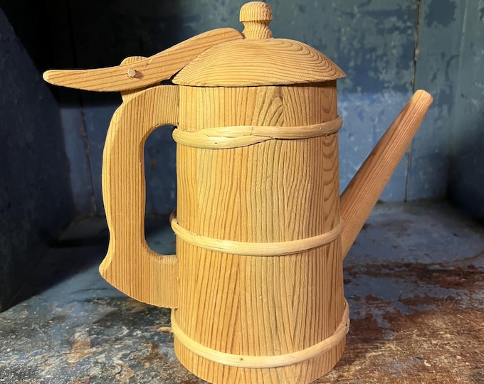 ca. 1980s Vintage Spout jug, pipe jug/ tankard, Norwegian folk art, nature pine wood, handcrafted, cabin / country / farmhouse style