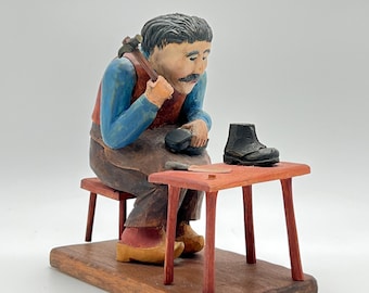 Dated 1945 Hand-carved Shoemaker Sculpture, Scandinavian Folk Art, Norway/Sweden