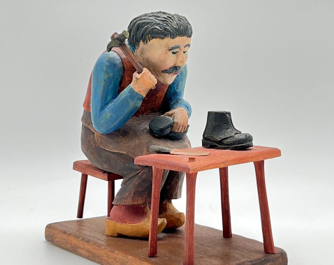Dated 1945 Hand-carved Shoemaker Sculpture, Scandinavian Folk Art, Norway/Sweden