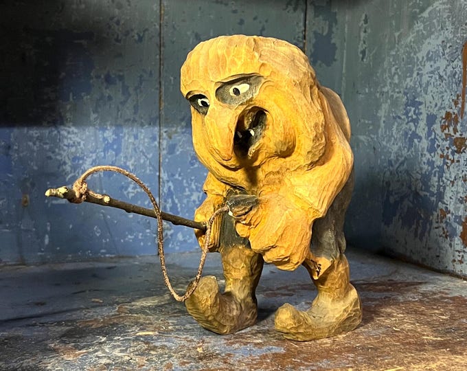 c.1960s Norwegian Handcrafted wooden troll, Scandinavian folk art, wood carving "Fishing Troll" sculpture, Collectible