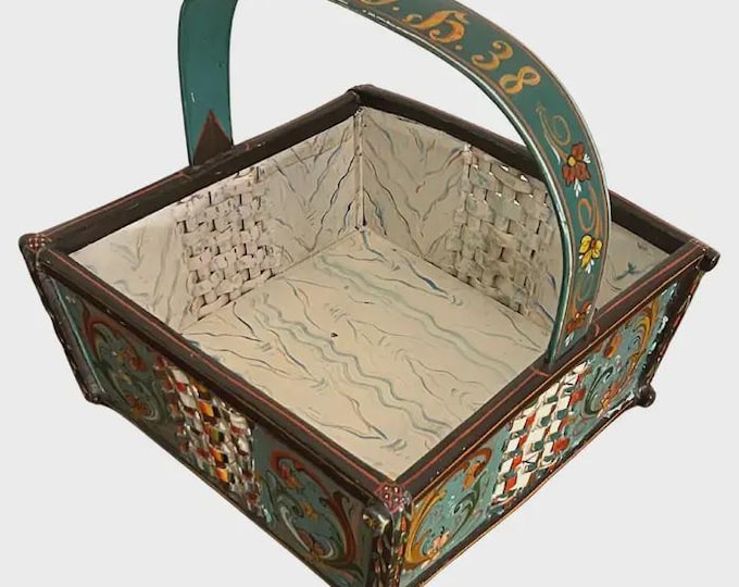 Dated 1938 Norwegian Rosemaling Basket – Hand-Painted Telemark Folk Art