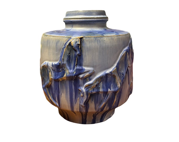 Otto Mulders (1927-94) artist signed ceramic vase "HORSES", Scandinavian/Norwegian mid-century modern art, Mulders own workshop, 1960s