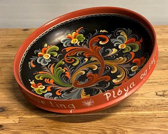 Dated 1968 professionally painted Telemark rosemaling beer ale bowl, folk art from Norway, wedding gift/ housewarming, cabin farmhouse decor