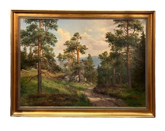 c.1970s Oil Painting "Whispers of the Fjord Pines" by BJØRN BERNTZEN (Norway 1921-), RARE Scandinavian Classic National Romance Art