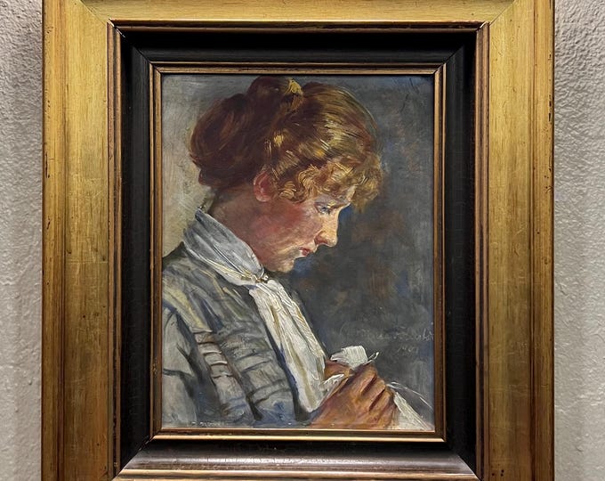 Dated 1901 Dorothea Follestad (1855-1921)  Norwegian Oil painting “Young Girl Sewing”, Scandinavian Classic Art