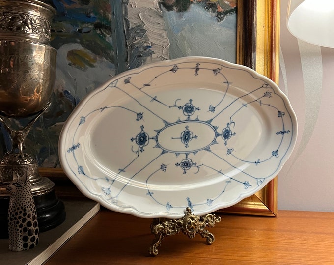XLarge 35.5cm 1910s' Antique Norwegian Porsgrund Porcelain Blue Fluted/Straw SERVING plate handpainted underglazed decor, Collectible