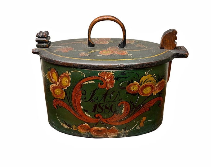 Dated 1880 Important Norwegian tine box with original rosemaling, Scandinavian folkart folk art, Farm House style, Collectors' choice