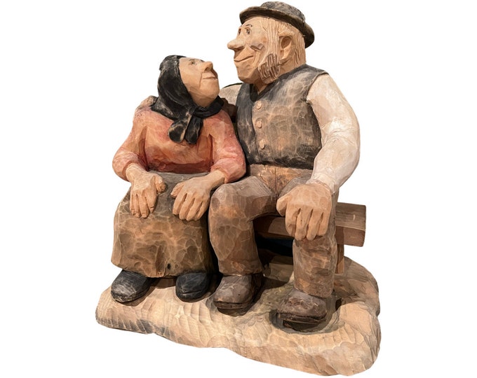 Bjarne Walle (1911-89) "Growing Old Together--Accompany", artist signed LARGE Norwegian handcrafted sculpture, Scandinavian wood carving