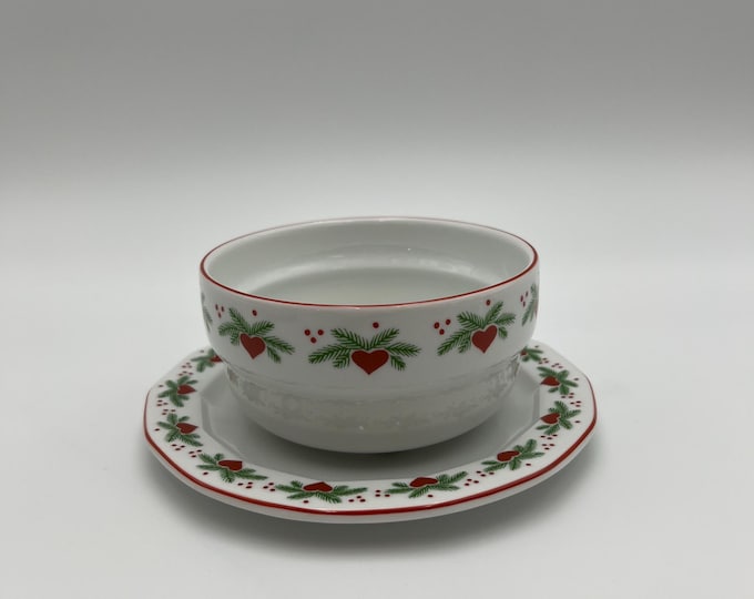 Vintage Porsgrund - Broth cup and saucer - 'Hearts & Pines' Norwegian design Soup bowl, Dessert Bowl, groat / porridge bowl from Norway