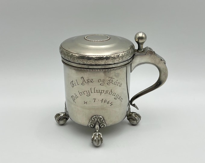 1960s' Norwegian Pewter jug / tankard with acanthus vine pattern, dated 1964, Norway